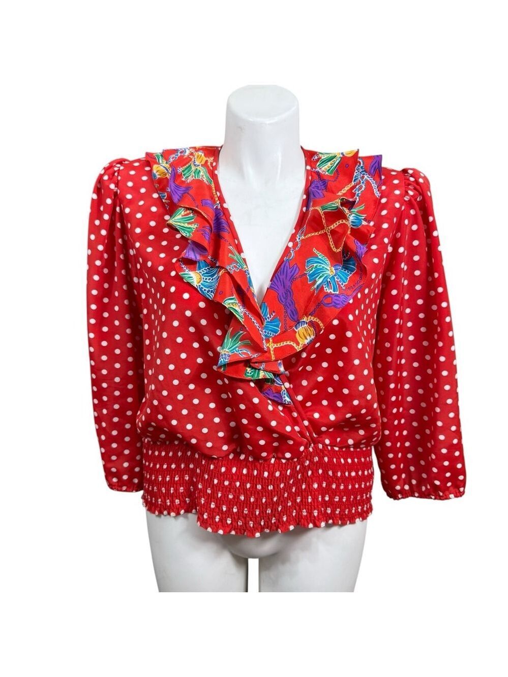 Vintage Saks Fifth Avenue Polka Dot Blouse Women's XL Red Ruffle Neck